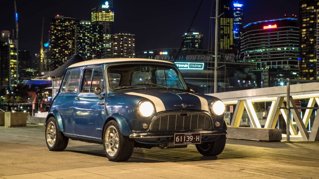 Classic Mini with Melbourne backdrop